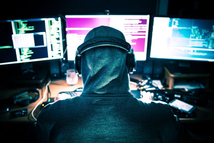 Professional Hacker at Work in Front of His Tree Displays Hacking Center.