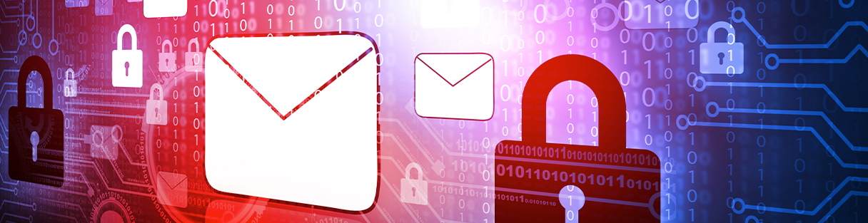 Email graphics floating with lock icons. Represents email security