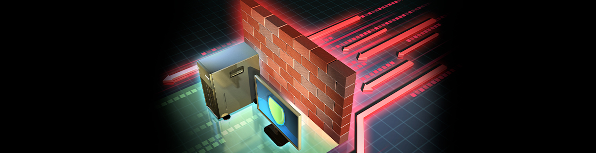 Firewall graphic. Image of computer near brick wall